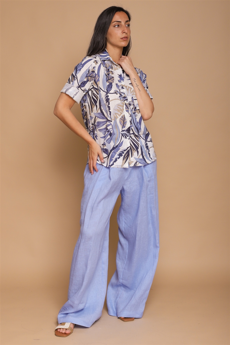 CAMICIA FANTASIA IN  LINO E COTONE da donna - BLU - Paquito Pronto Moda Shop Online