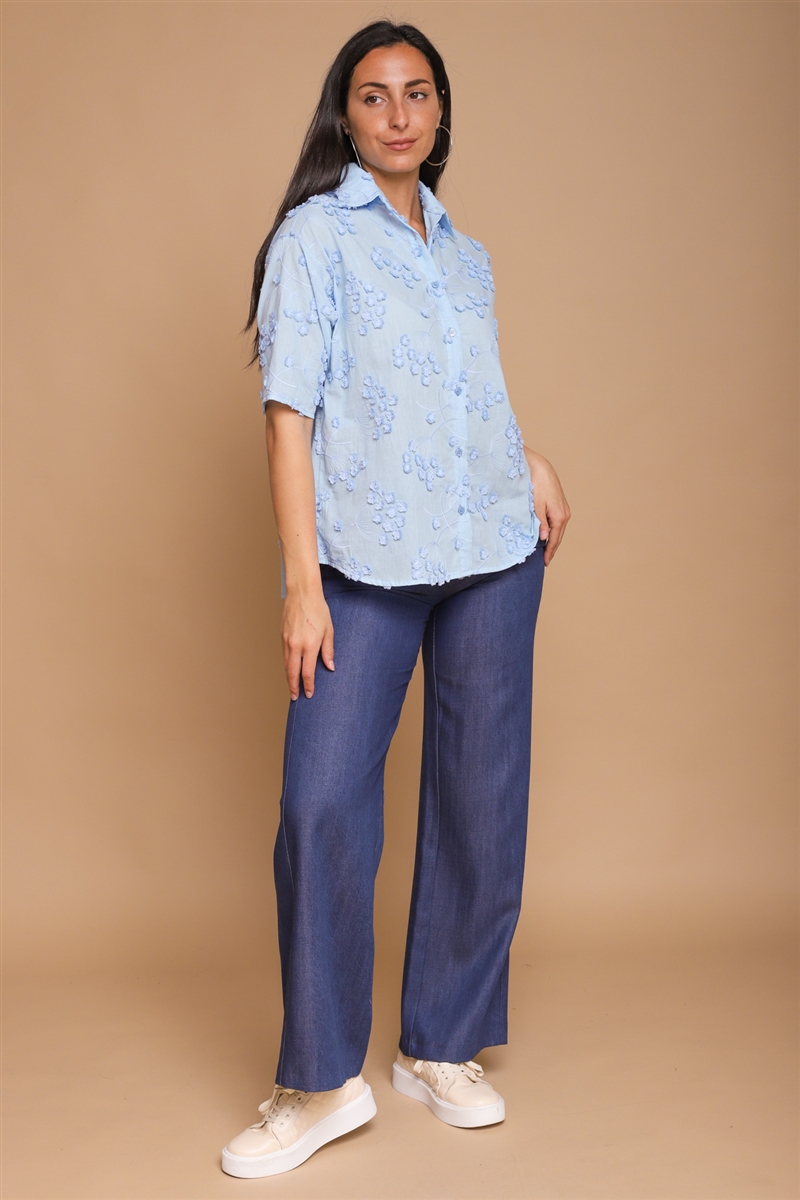 CAMICIA IN COTONE CON RICAMI da donna - AZZURRO - Paquito Pronto Moda Shop Online