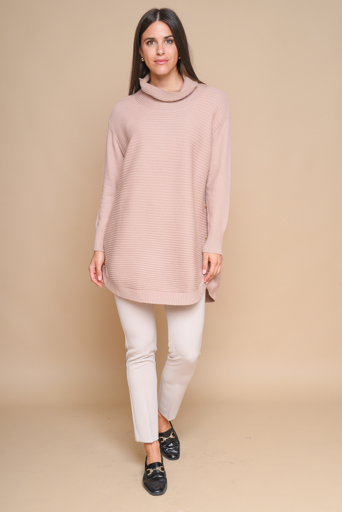 MAGLIA COLLO ALTO CON BOTTONI GIOIELLO for women - CAMEL - Paquito Pronto Moda Shop Online