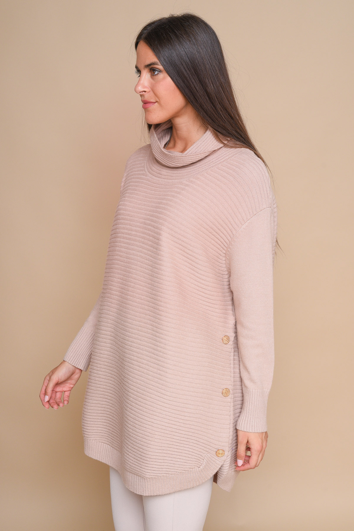 MAGLIA COLLO ALTO CON BOTTONI GIOIELLO for women - CAMEL - Paquito Pronto Moda Online Shop - 4