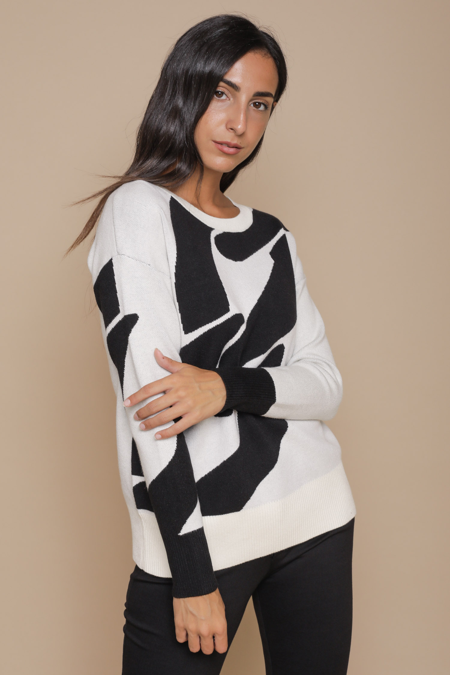MAGLIA IN VISCOSA CON MOTIVO A CONTRASTO da donna - PANNA - Paquito Pronto Moda Online Shop - 2