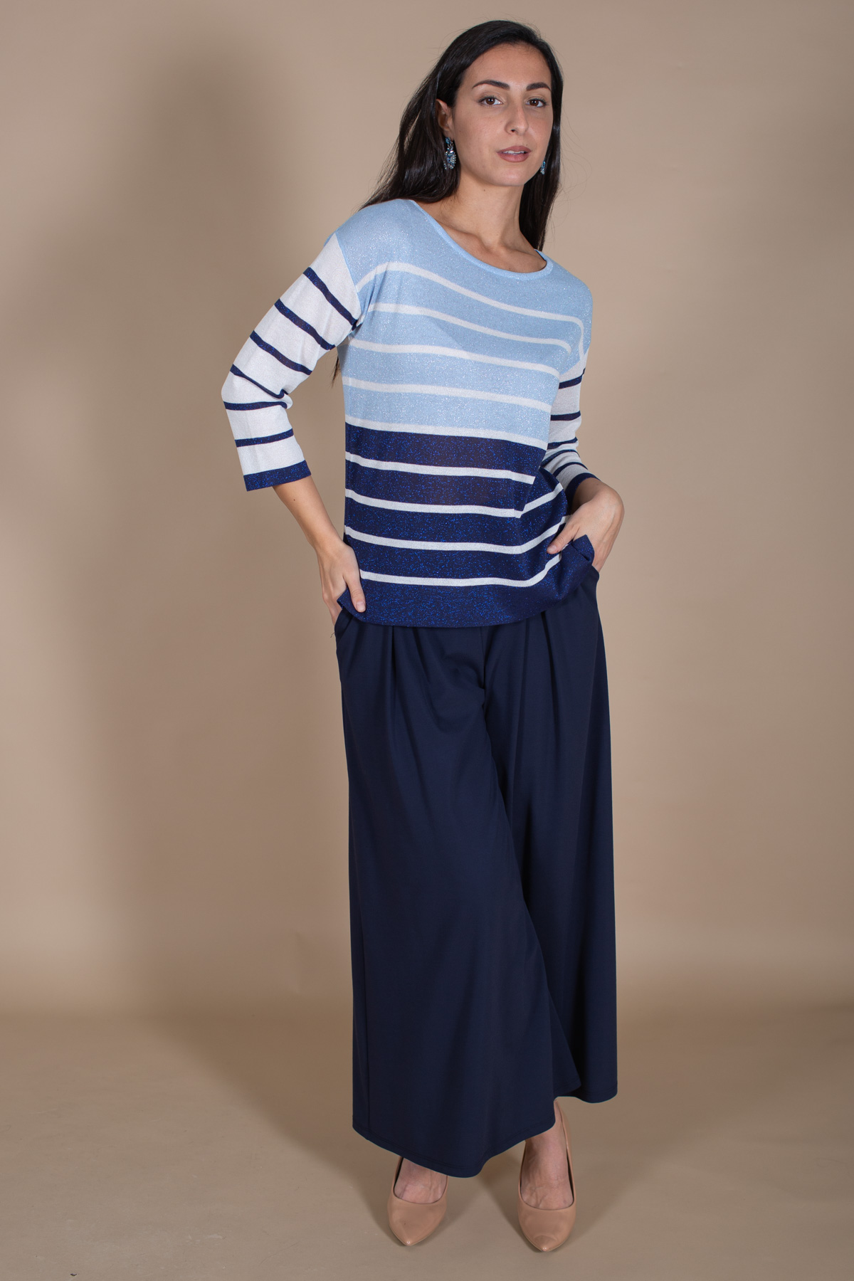 MAGLIA A RIGHE MANICHE A 3/4 IN VISCOSA E LUREX for women - BLUE - Paquito Pronto Moda Shop Online