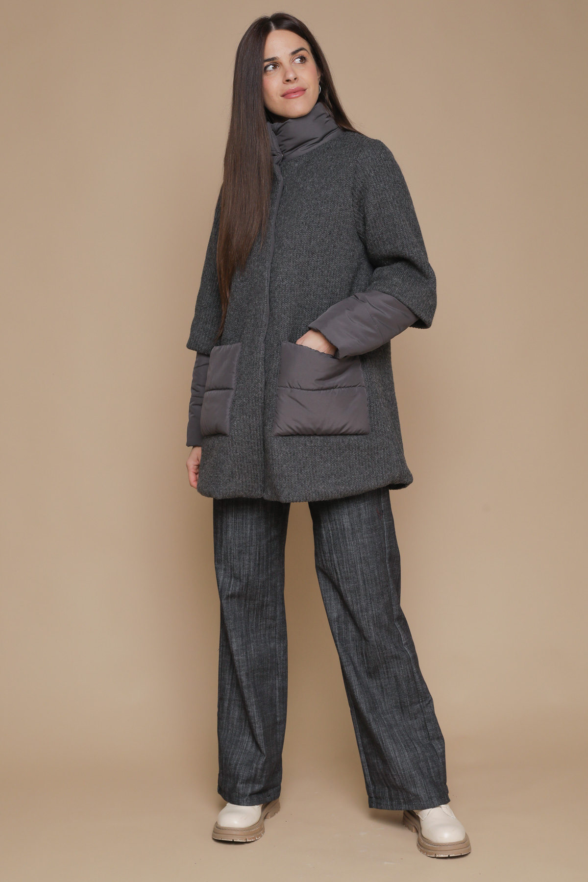 GIACCA DI LANA CON INSERTI IN TESSUTO TECNICO for women - ANTHRACITE - Paquito Pronto Moda Shop Online
