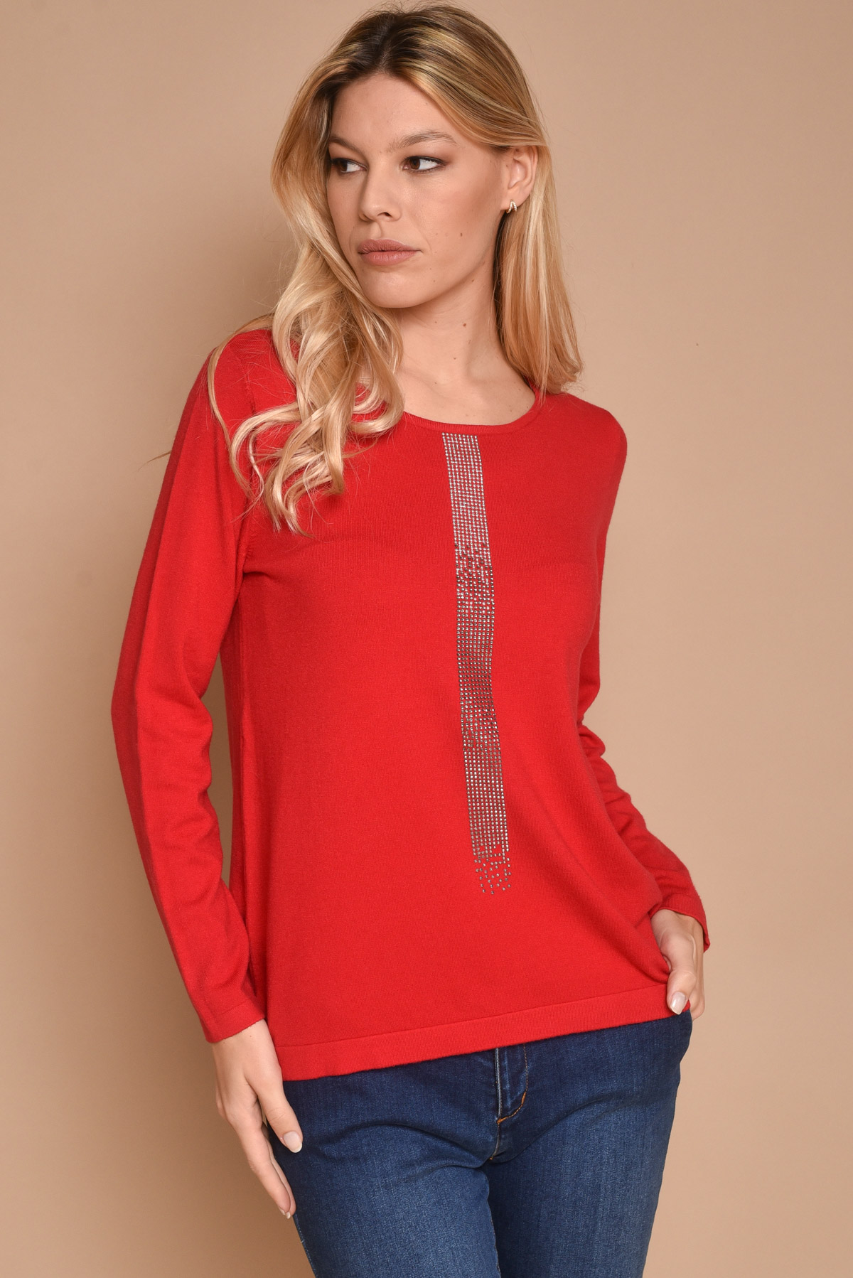 T-SHIRT A MANICA LUNGA IN VISCOSA CON SCIA DI STRASS da donna - ROSSO - Paquito Pronto Moda Shop Online
